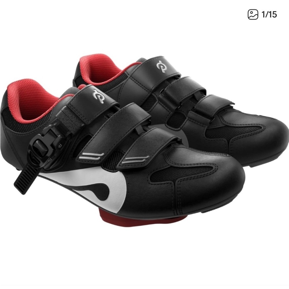 Peloton Cycling Shoes in Black with Red and White Accents